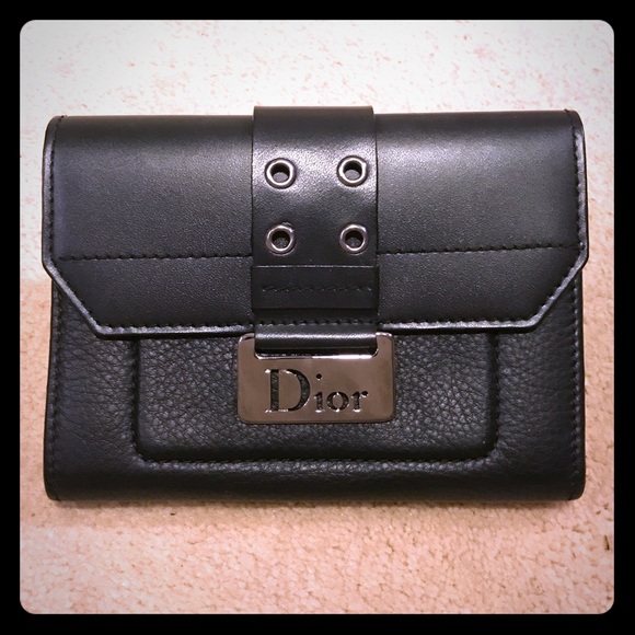 CHRISTIAN DIOR BLACK LEATHER GUNMETAL WALLET - Picture 1 of 8